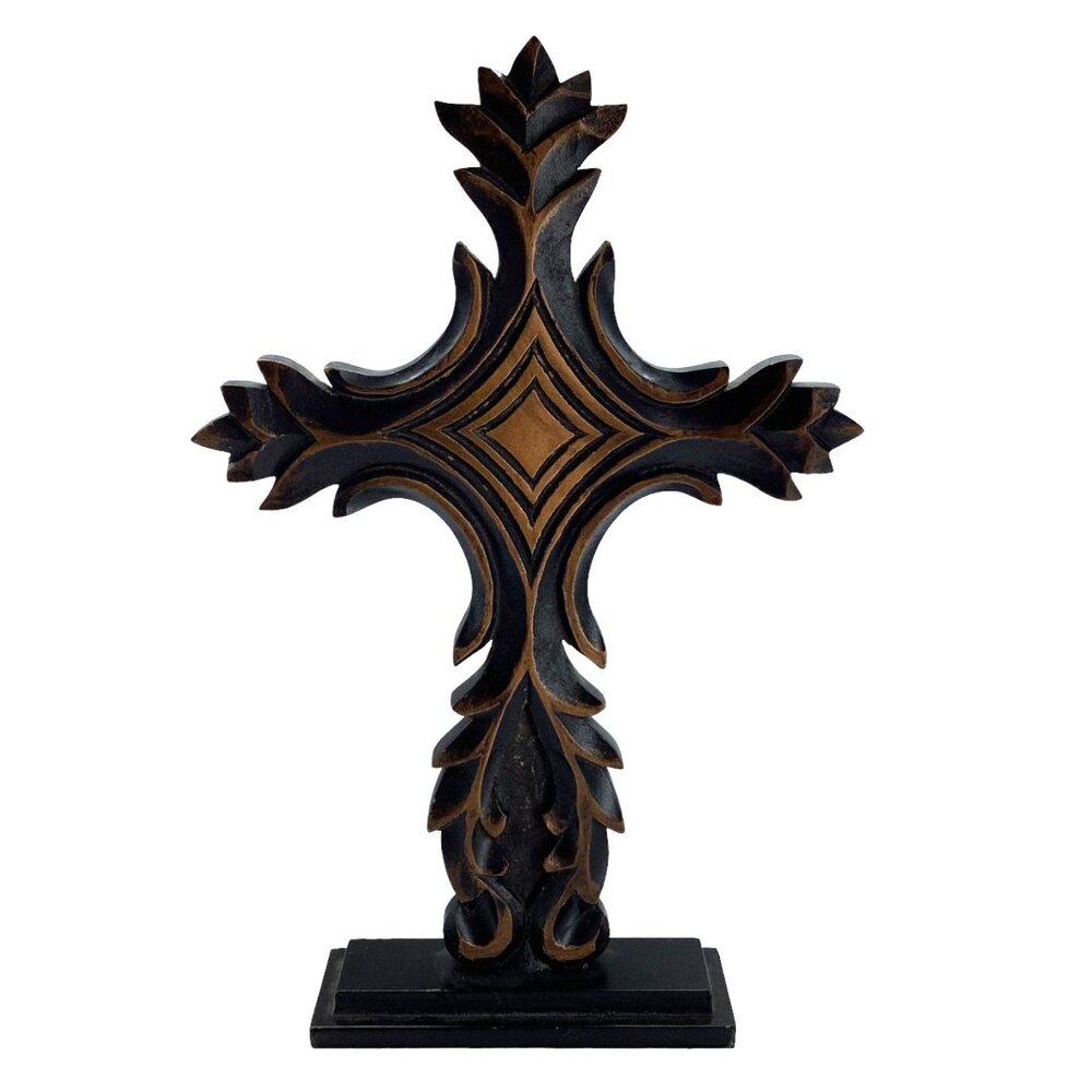 Pier 1 Imports Wood Carved Cross‎ India Made Stands 13.5" x 6" Dark Brown